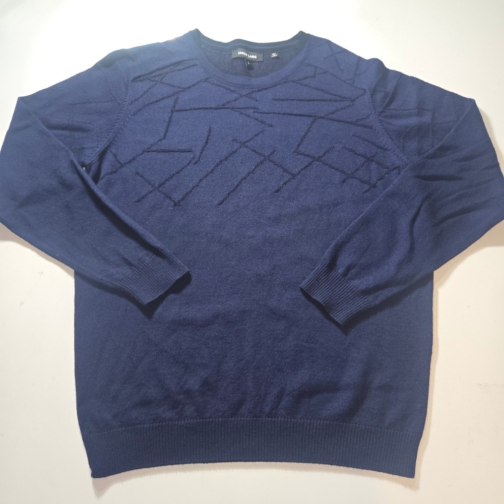 Jared Lang Mens Navy Blue Wool Blend Textured Geometric Crewneck Sweater Large